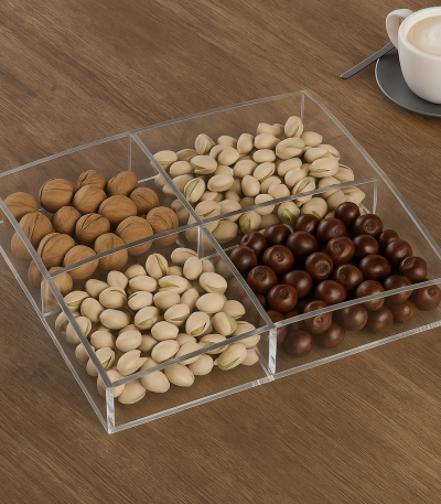 Luxury acrylic snack tray with four compartments filled with nuts and chocolates by Huroof Home