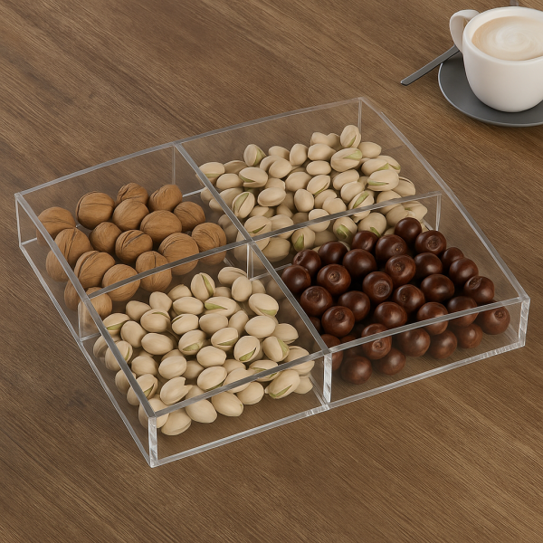 Luxury acrylic snack tray with four compartments filled with nuts and chocolates by Huroof Home